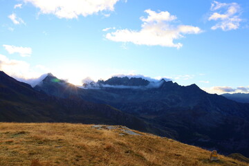 Mountain landscape of long distance hiking trail Tour Des Combins which crosses Switzerland to Italy via Bourg Saint Pierre, Fenetre Durand and Aosta Valley, TDC