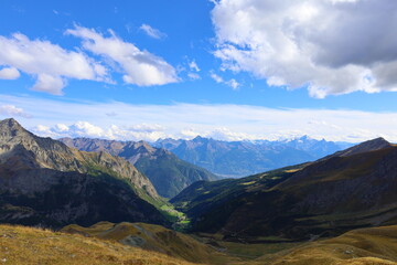 Mountain landscape of long distance hiking trail Tour Des Combins which crosses Switzerland to Italy via Bourg Saint Pierre, Fenetre Durand and Aosta Valley, TDC