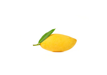 close up of one ripe mango with leaves on white background