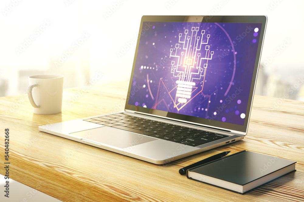 Aufkleber Creative light bulb with chip hologram on modern laptop monitor, artificial Intelligence and neural networks concept. 3D Rendering