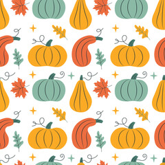 Cute colored pumpkins with autumn leaves. Seamless pattern. Can be used for web page background fill, surface texture
