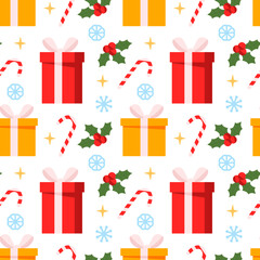 Gift boxes, sweets and snowflakes on a white background. Seamless pattern for Christmas, New Year's Day, Winter Holidays. Background for gift wrapping paper, textille