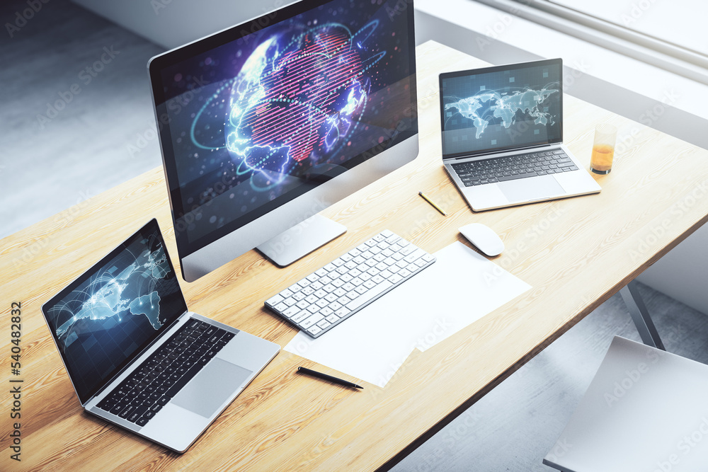Fototapete Abstract digital world map with connections on modern computer monitor, big data and blockchain concept. 3D Rendering