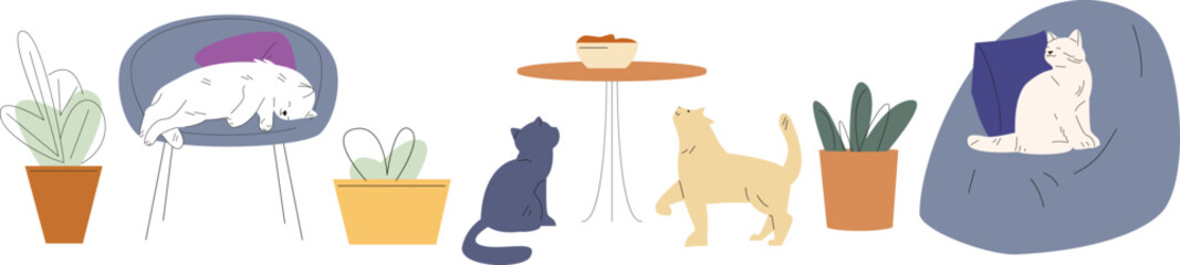 Cats sleep and sitting on chair, waiting food. Different vector cats characters. Cute flat pets, chairs and home plants. Animal cartoon elements