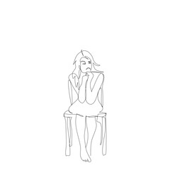 Obraz na płótnie Canvas One stress girl sitting on chair look like be preoccupied isolated vector illustration in single line drawing style.Alone Teenager in depression and be absent-minded vector continue line concept.