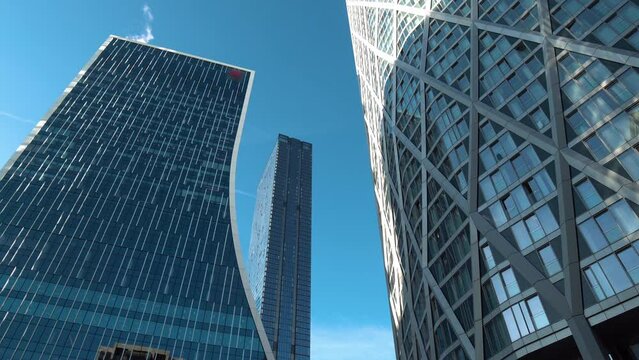 Blue skyscraper from below. Modern skyscrapers. Business and finance concept. office buildings. London. UK. financial district of London. The Skyscrapers in the financial district. 