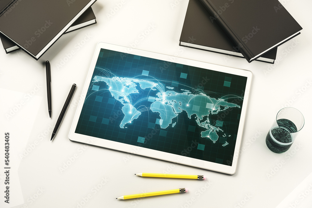 Poster Modern digital tablet display with abstract graphic world map with connections, globalization concept. Top view. 3D Rendering