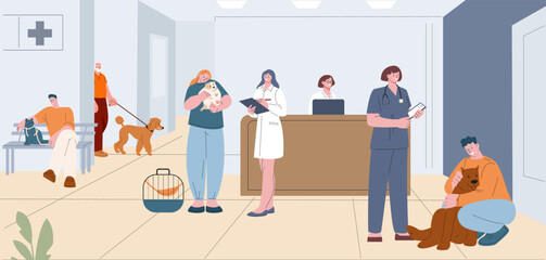 Veterinary clinic location with owner dogs, cats, hamster. Vet doctors and people with pets, veterinarian consulting. Support and care of animals vector scene