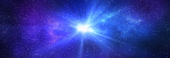 Burst of light in space. Night starry sky and bright blue galaxy, horizontal background banner