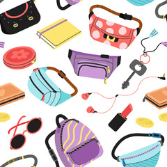 Fashion bags seamless pattern. Girly waist bag, fabric backpack, sunglasses and makeup cosmetics. Travel accessories, fancy handbag decent vector background