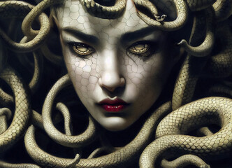 Gorgon Medusa Greek mythology, digital illustration - obrazy, fototapety, plakaty