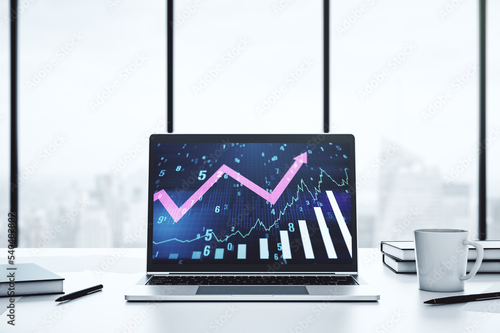 Poster abstract creative financial graph with upward arrow on modern laptop screen, forex and investment co
