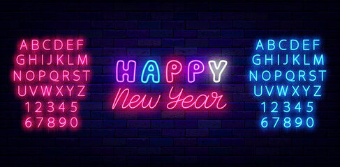 Happy New Year neon poster. Colorful typography. Glowing pink and blue alphabet. Vector stock illustration