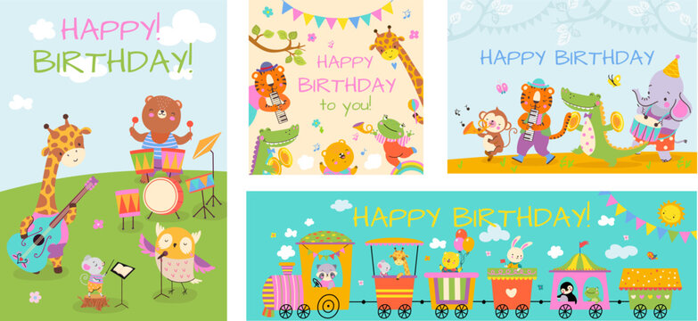 Happy birthday cards with cartoon animals. Africa zoo, tiger and giraffe play music and travel with tram. Party childish pets, nowaday vector invitation template
