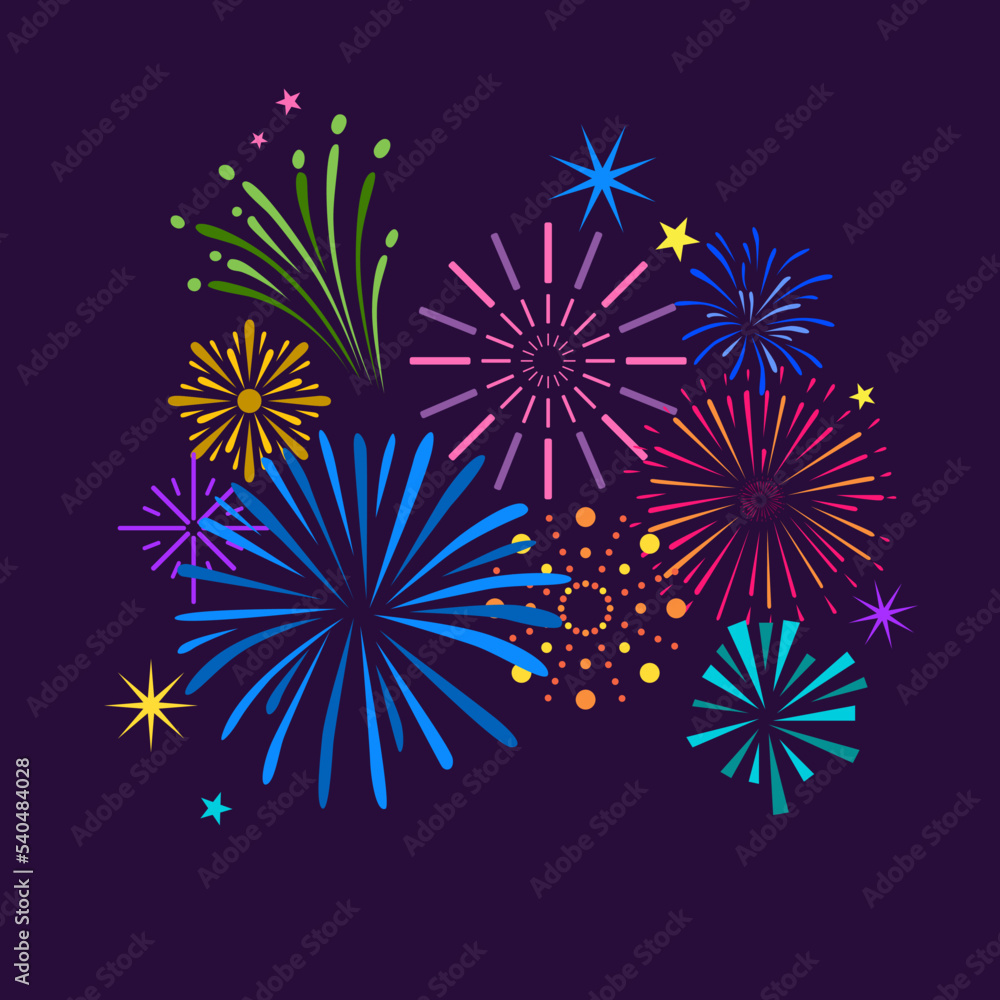 Poster Color festive exploding fireworks elements. Magical firework, new year, anniversary party scene. Abstract celebrating festival with pyrotechnic neoteric vector graphic