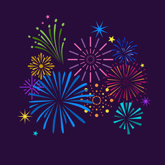 Color festive exploding fireworks elements. Magical firework, new year, anniversary party scene. Abstract celebrating festival with pyrotechnic neoteric vector graphic