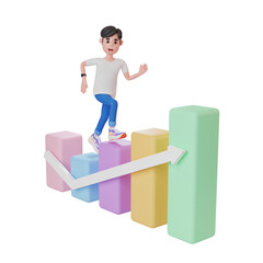 3d male character climbing up the growth chart icons. 3d illustration.