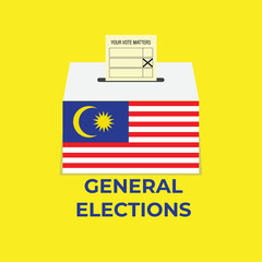A vector of Malaysia General Elections concept. Poll box with voting paper on yellow background.