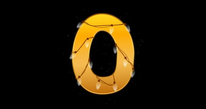 Number 0 animation. Digits with glowing christmas lights and bulbs. Light switching on and off. Festive decorative glowing symbol 0 for birthday count. 60 FPS 4K with transparent background