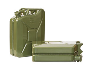 Two jerrycans, one laying on the side, PNG isolated on transparent background