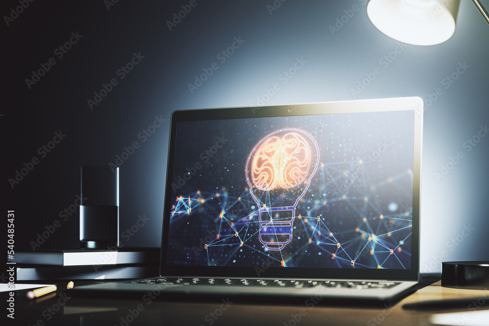 Aufkleber Creative idea concept with light bulb and human brain illustration on modern laptop screen. Neural networks and machine learning concept. 3D Rendering