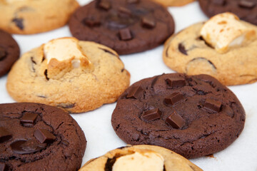 Double chocolate cookie and marshmallow soft cookie on white background