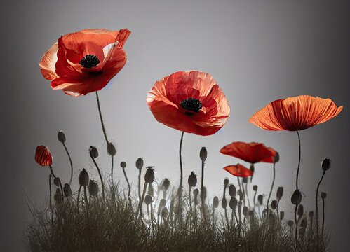 Poppies In A Meadow With A Grey Studio Background.