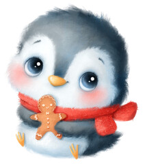 Fototapeta premium An illustration of a cute cartoon Christmas penguin. christmas animals. Transparent background, PNG
