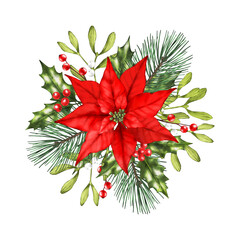 
Poinsettia christmas decoration.  Poinsettia christmas bouquet. Red poinsettia watercolor christmass  illustration.
