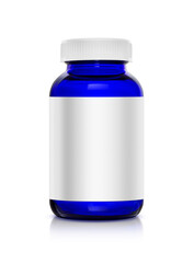 Blank packaging blue transparent glass bottle with white blank label for supplement healthy product design
