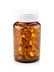 Fish oil dietary supplement capsules in brown glass bottle packaging for supplement product design...