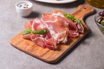 Closeup of thin slices of prosciutto. Italian food 