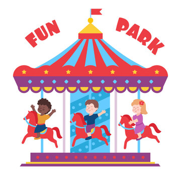 Children ride the carousel in the amusement park