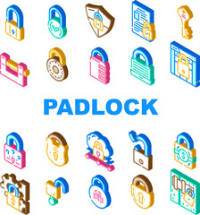 padlock lock safe password icons set vector. privacy secure, security protection, internet element, web keyhole, system padlock lock safe password isometric sign illustrations