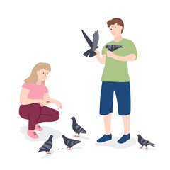 People feed pigeons