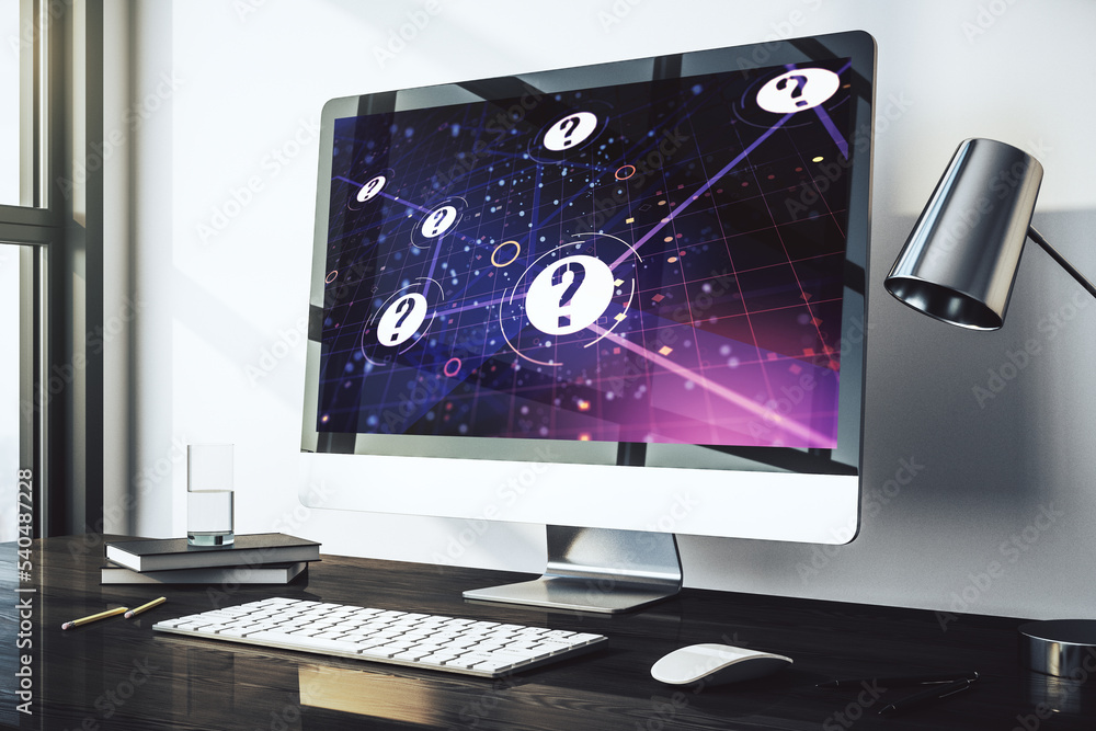 Aufkleber creative concept of question mark illustration on modern laptop screen. faq and search concept. 3d r