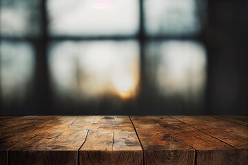 a wooden table in front of a window, a wooden table topped with a wooden base.