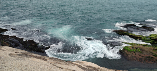 Parque Arpoador square Ipanema stone granite hill fisherman fish whale view horizon landscape lookout sea ocean beach wave foam surfer coconut tree palm cactus path fruit trash can
