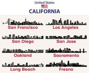 California cities skylines silhouettes vector set - obrazy, fototapety, plakaty