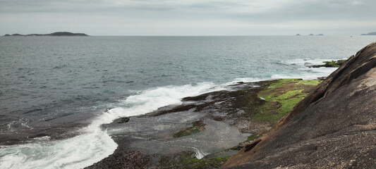 Parque Arpoador square Ipanema stone granite hill fisherman fish whale view horizon landscape lookout sea ocean beach wave foam surfer coconut tree palm cactus path fruit trash can