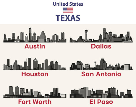Texas cities skylines silhouettes vector set