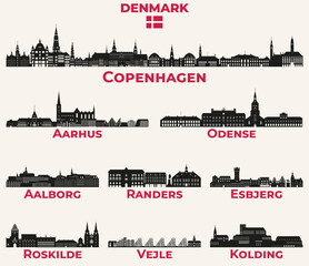 Denmark cities skylines silhouettes vector set - obrazy, fototapety, plakaty