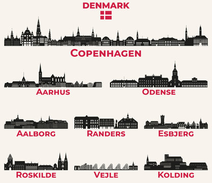 Denmark cities skylines silhouettes vector set