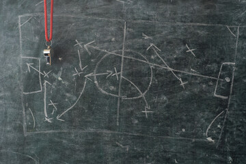 soccer tactics scribble on blackboard and whistle of soccer referee or trainer. Great soccer event this year, soccer championship concept. - obrazy, fototapety, plakaty