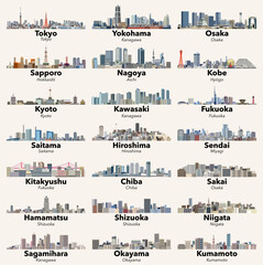 Japan cities skylines vector illustrations set - obrazy, fototapety, plakaty