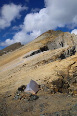 Camping on the top of Üssers Barrhorn, Weisshorn and Bishorn covered by Brunegg glaciers in Swiss Alps, Wallis, Switzerland