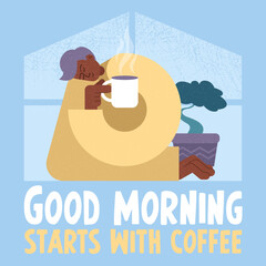 Vector illustration. Square postcard. African American man drinking coffee. Home, morning comfort. Good morning start with coffee.