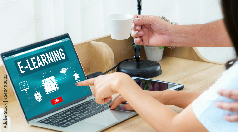 Poster e-learning website with modish sofware for student to study online on the internet network