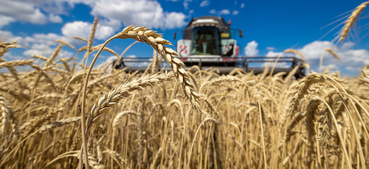 Combine Harvester Working in a Field on a Farm. Seasonal Harvesting the Wheat. Agriculture. Crop. Agrarian Business, Industry. Foodstuff. 