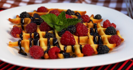 Waffles Topping Berries Pour Chocolate Healthy Food Sweet Dessert Cooking Viennese Waffles Bakery Kitchen Cafe Plate Delicious Belgium Waffles Raspberry Blackberry Mint Ingredients